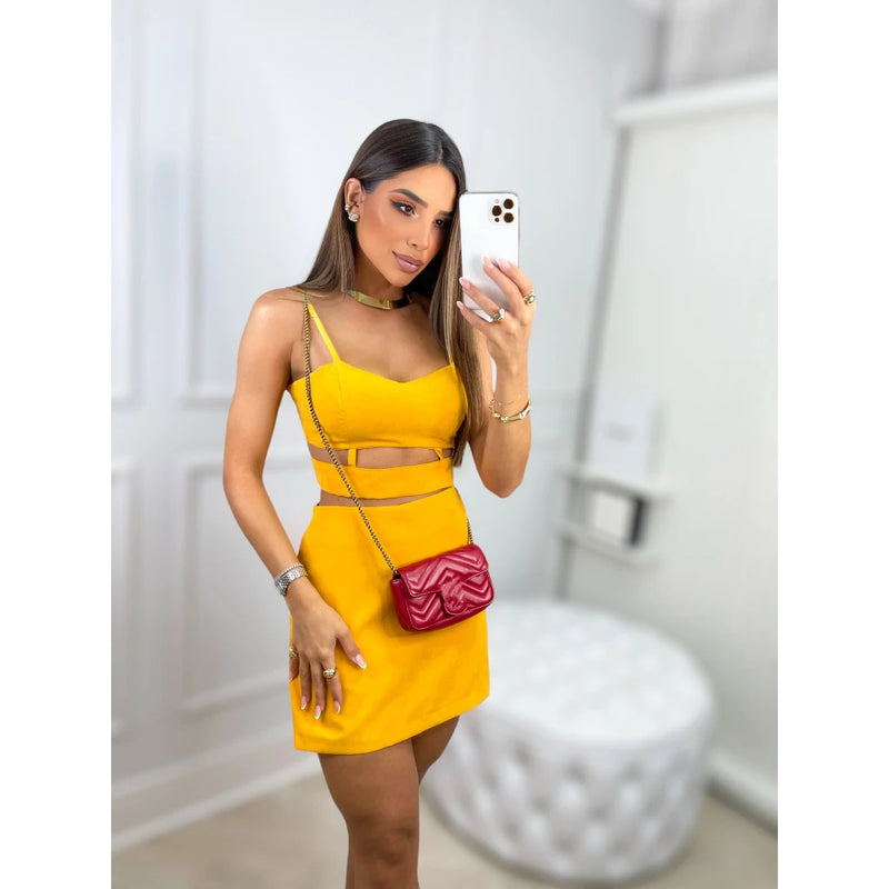 Élégance conjunto feminino de short saia e cropped